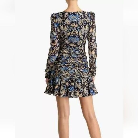 ML MONIQUE LHUILLIERRuched floral-print metallic fil coupé mini dress EUC - Picture 4 of 13